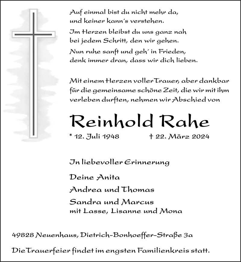 Reinhold Rahe Todesanzeigen