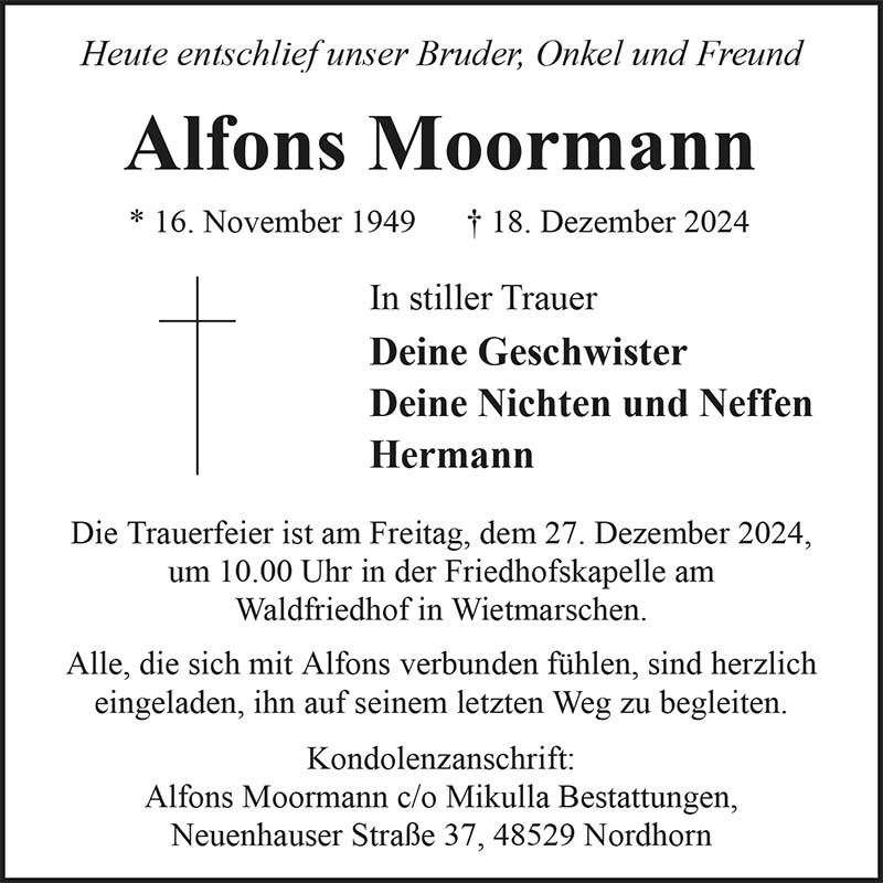 Alfons Moormann Todesanzeigen