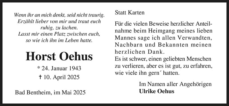 Horst Oehus Trauerdanksagungen
