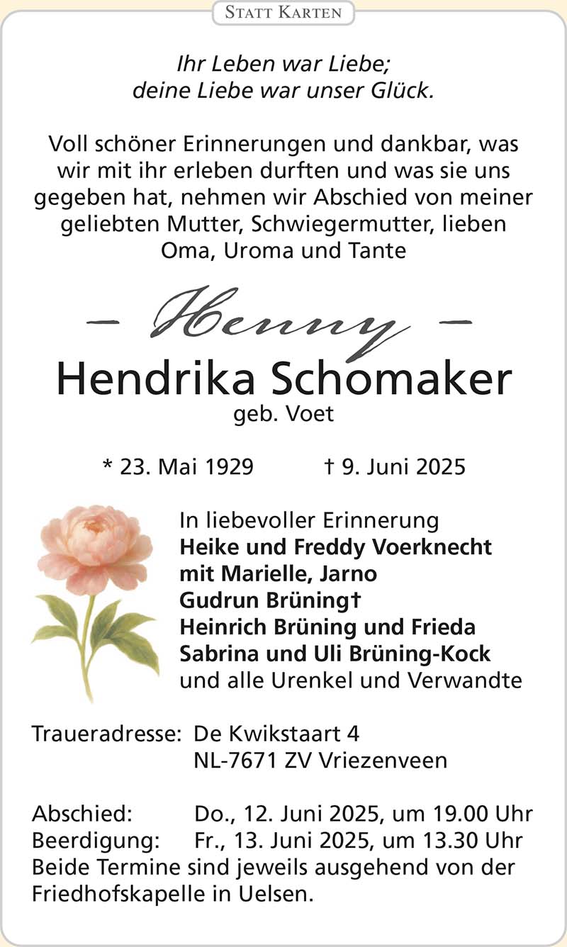 Hendrika Schomaker Todesanzeigen