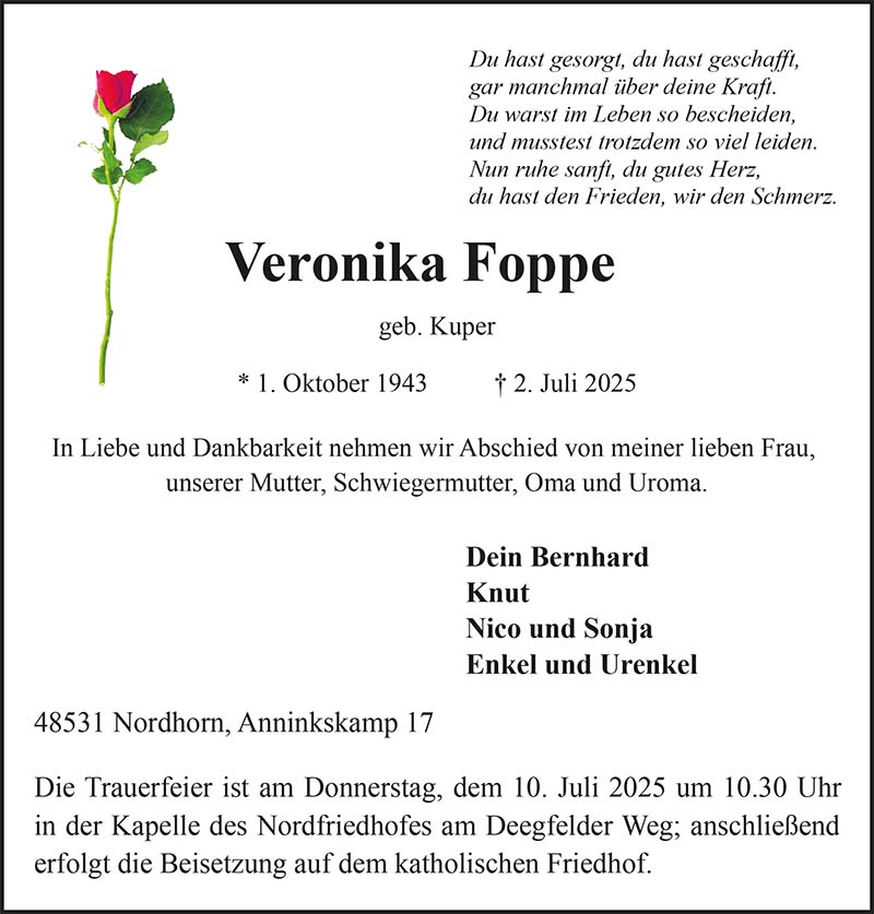 Veronika Foppe Todesanzeigen