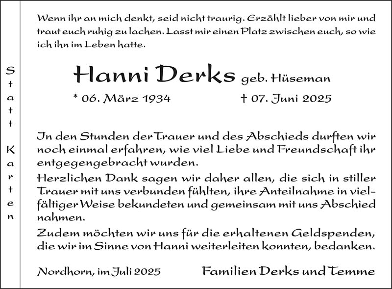 Hanni Derks Trauerdanksagungen