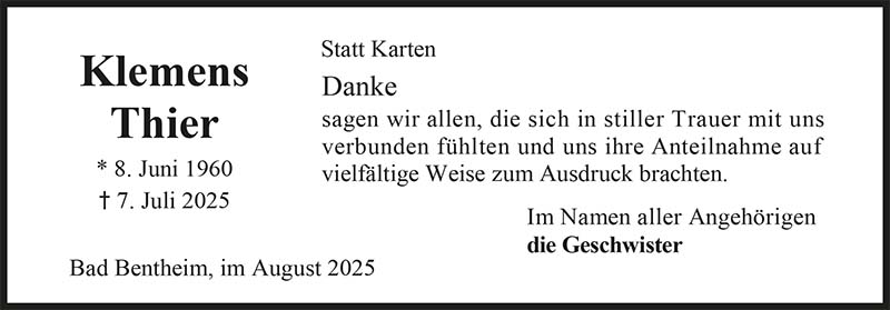 Klemens Thier Trauerdanksagungen