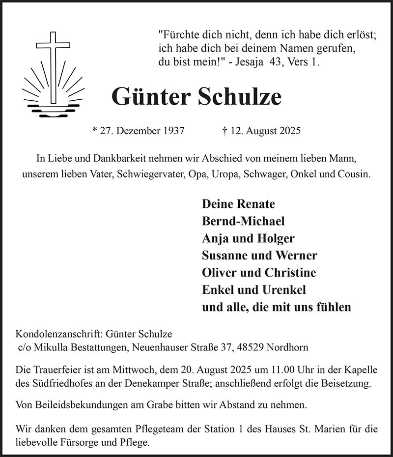 Günter Schulze Todesanzeigen