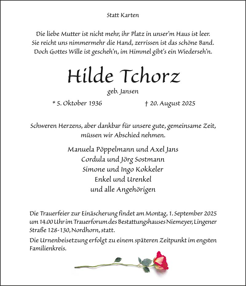 Hilde Tschorz Todesanzeigen