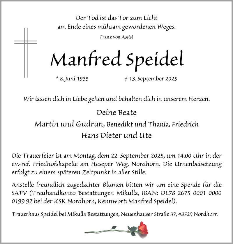 Manfred Speidel Todesanzeigen