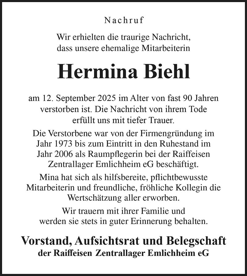 Hermina Biehl Nachrufe