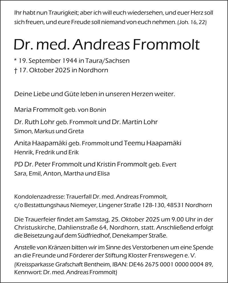 Andreas Frommolt Todesanzeigen