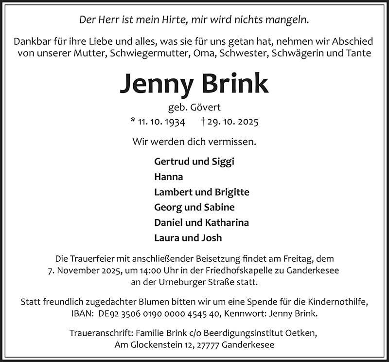 Jenny Brink Todesanzeigen