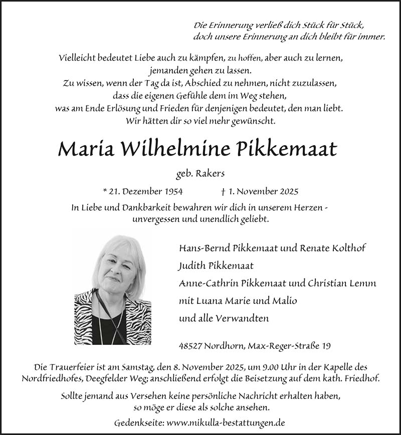 Maria Wilhelmine Pikkemaat Todesanzeigen