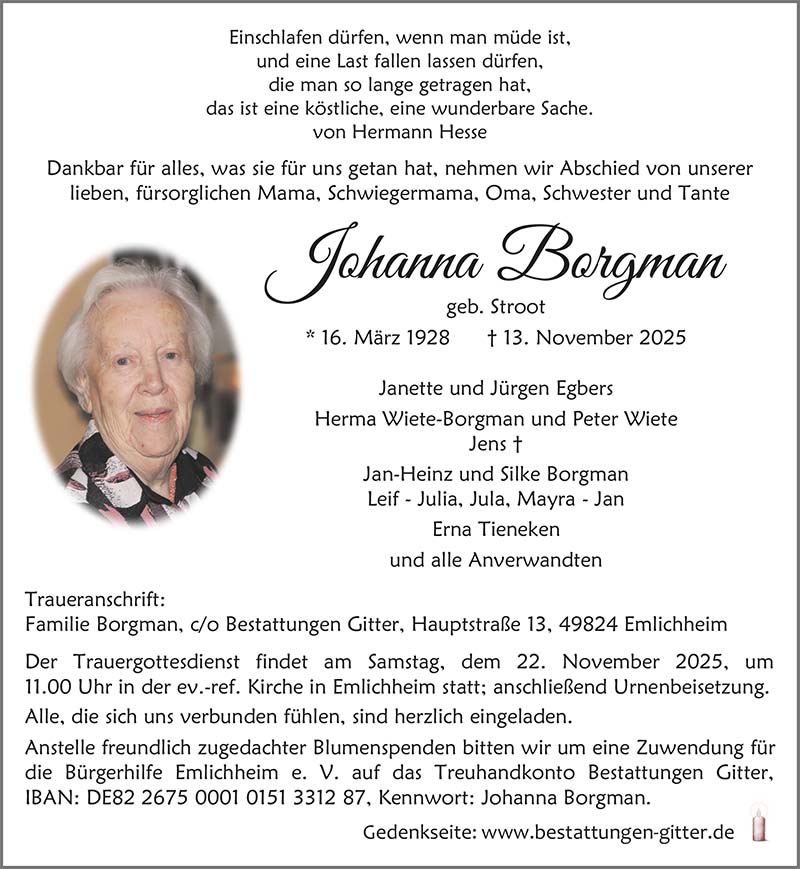 Johanna Borgmann Todesanzeigen