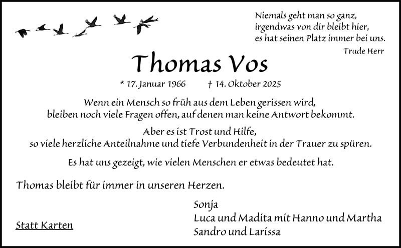 Thomas Vos Trauerdanksagungen