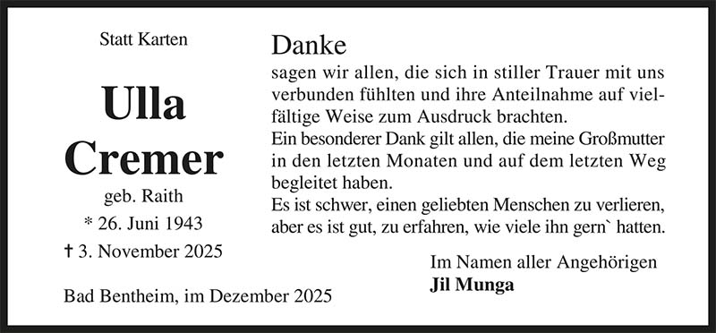 Ulla Cremer Trauerdanksagungen