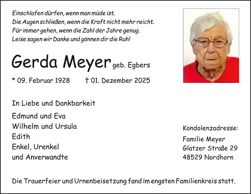 Gerda Meyer Todesanzeigen