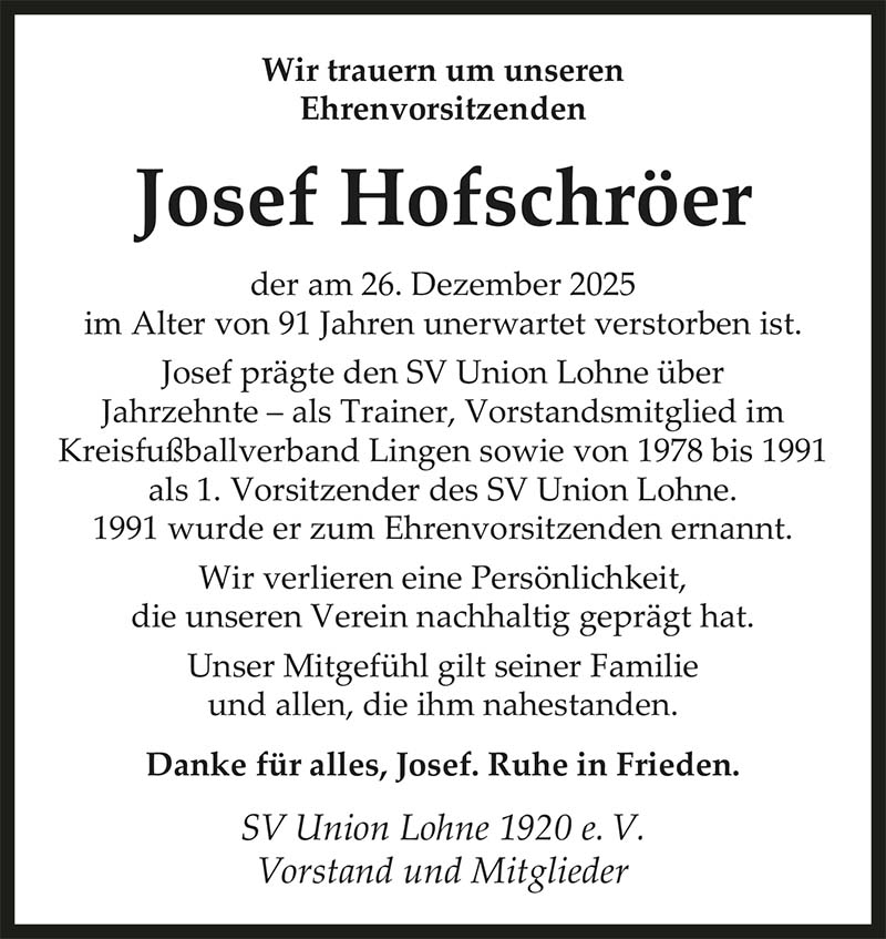 Josef Hofschröer Nachrufe