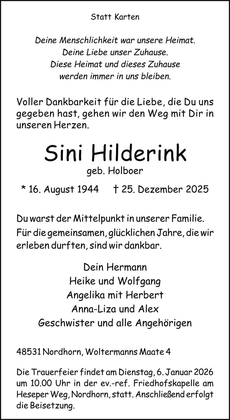 Sini Hilderink Todesanzeigen