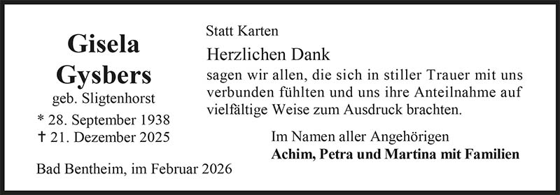 Gisela Gysbers Trauerdanksagungen