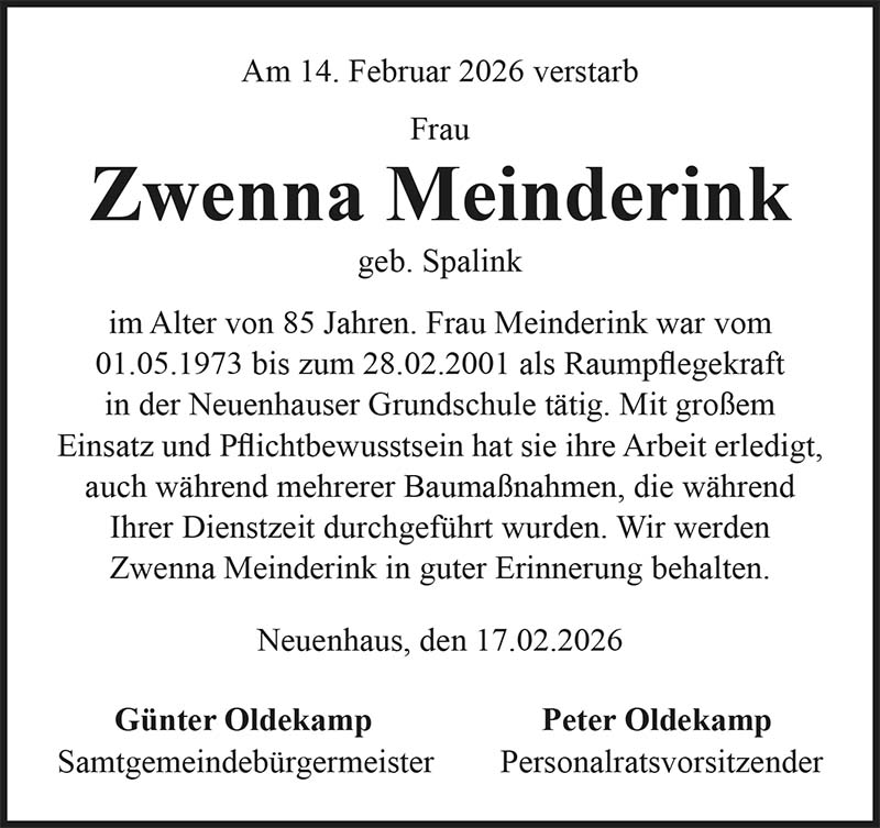 Zwenna Meinderink Nachrufe