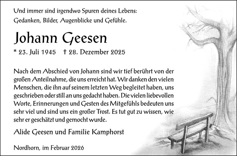 Johann Geesen Trauerdanksagungen