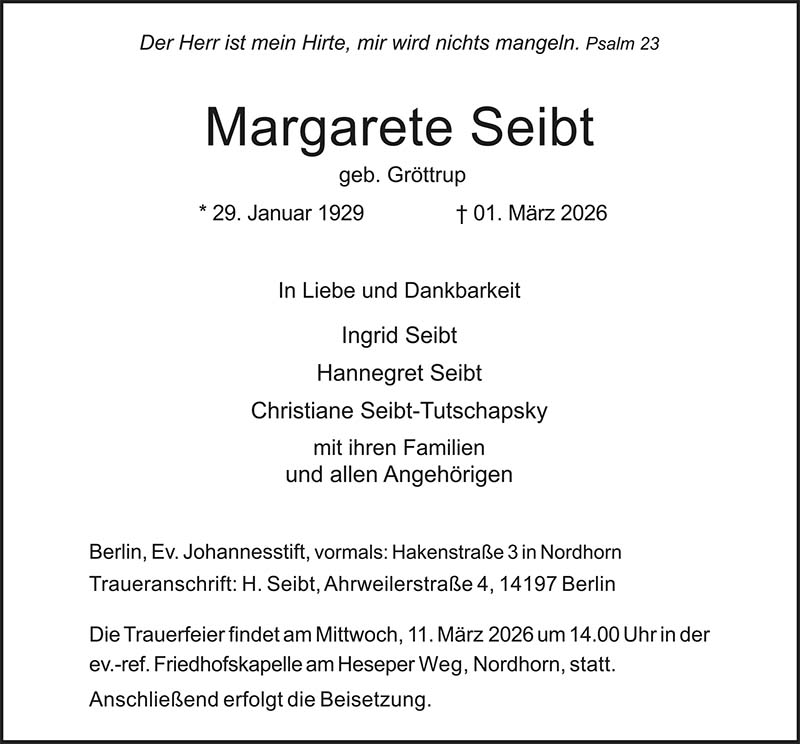 Margarete Seibt Todesanzeigen
