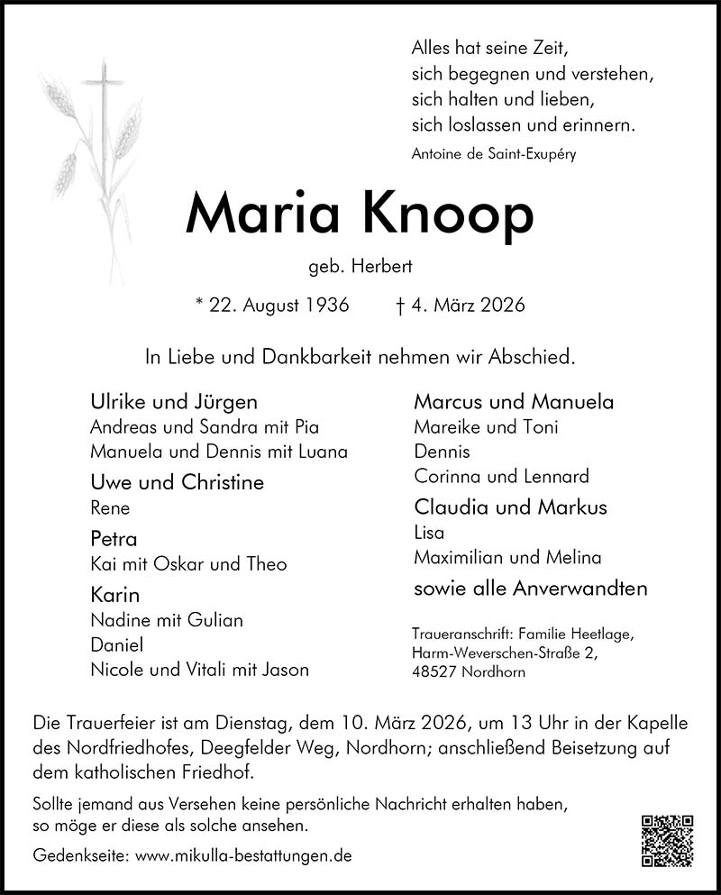 Maria Knoop Todesanzeigen