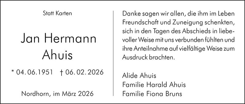 Jan Hermann Ahuis Trauerdanksagungen