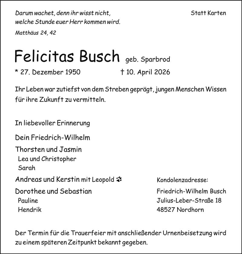 Felicitas Busch Todesanzeigen