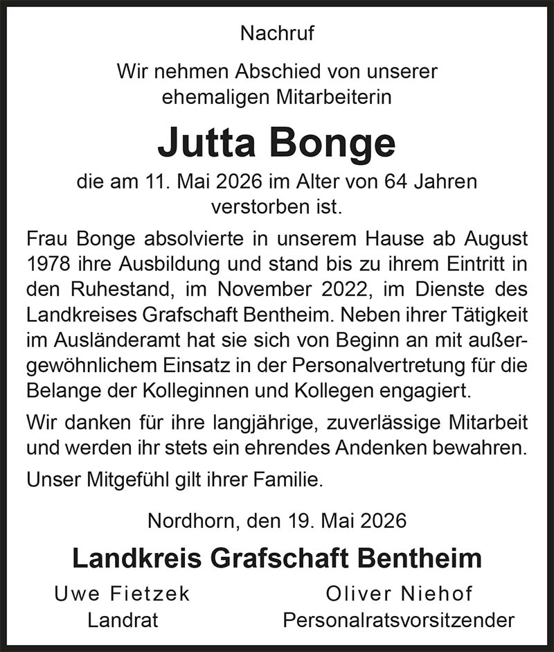 Jutta Bonge Nachrufe