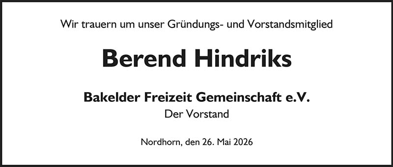 Berend Hindriks Nachrufe