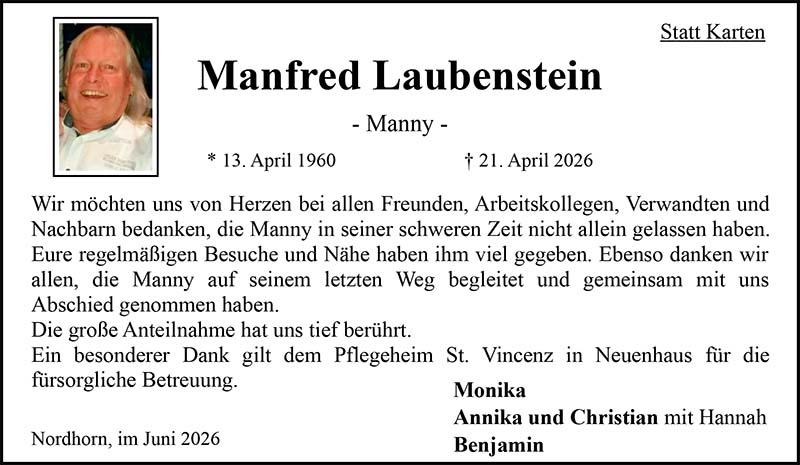 Manfred (Manny) Laubenstein Trauerdanksagungen