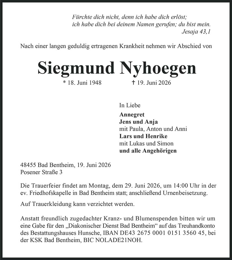 Siegmund Nyhoegen Todesanzeigen