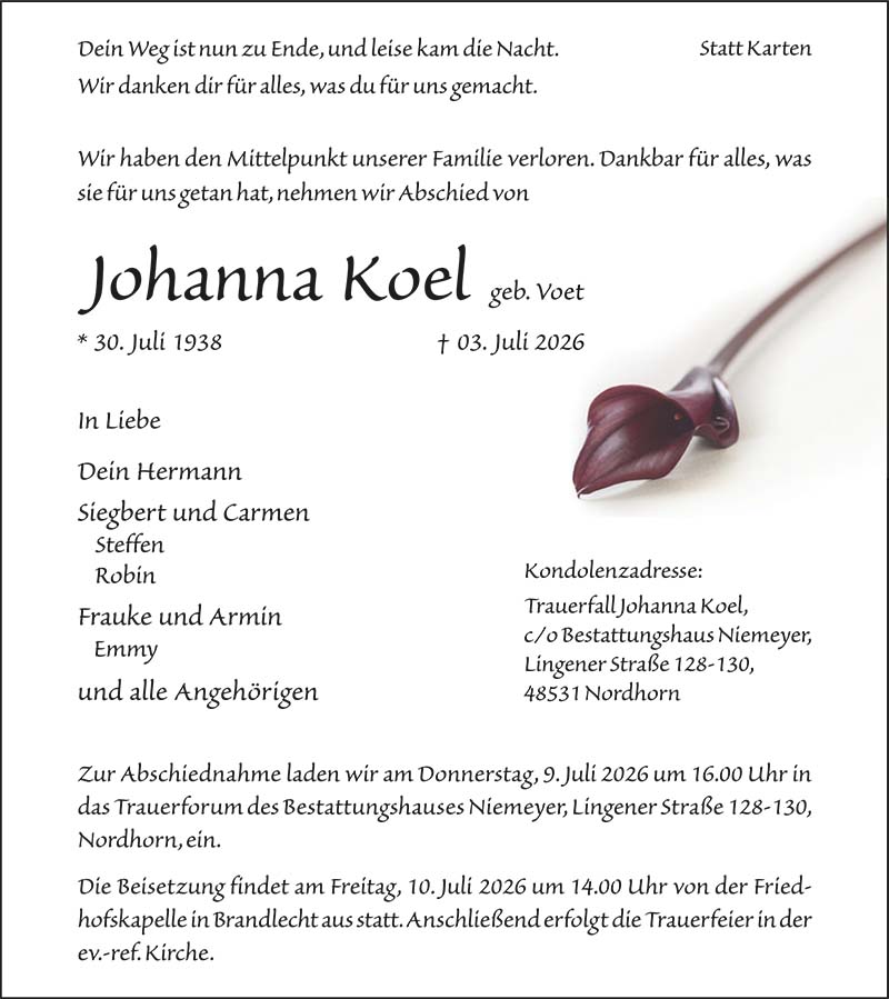 Johanna Koel Todesanzeigen