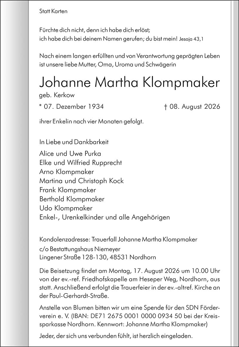 Johanne Martha Klompmaker Todesanzeigen