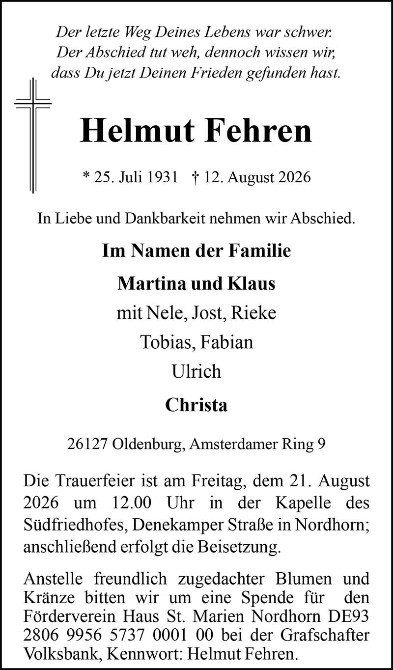 Helmut Fehren Todesanzeigen