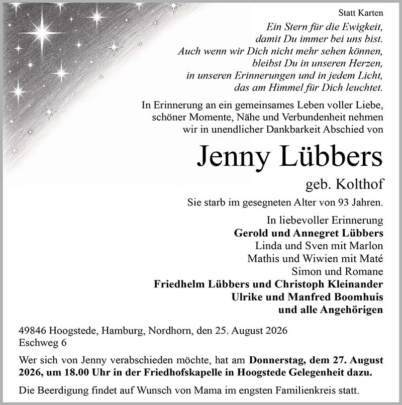 Jenny Lübbers Todesanzeigen